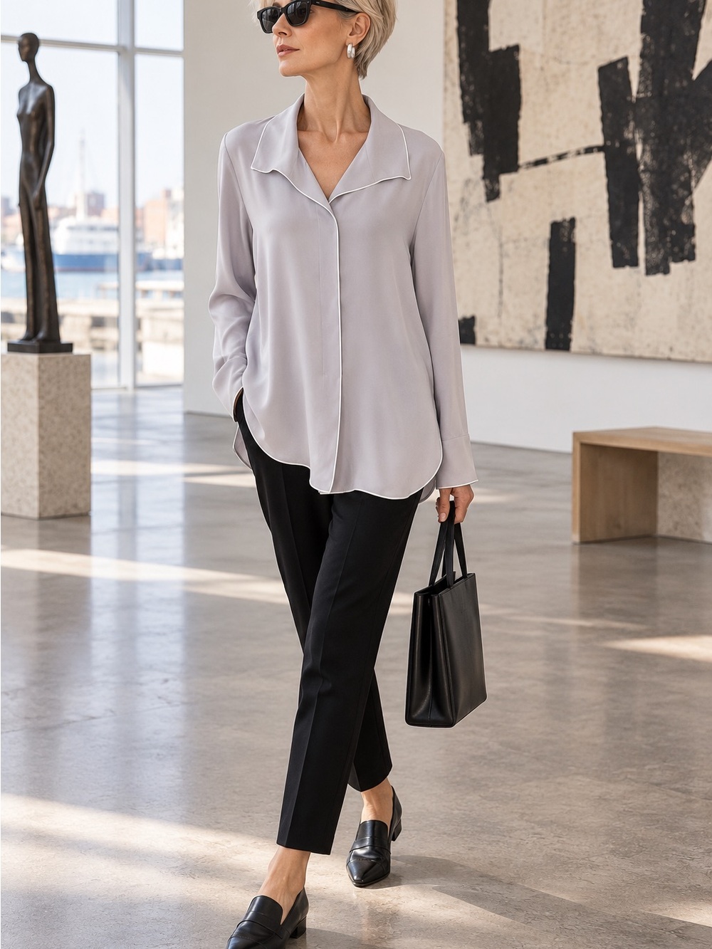 NWT BABATON Rena Ashen Space Color Quiet Luxury Pull-Over Blouse, L